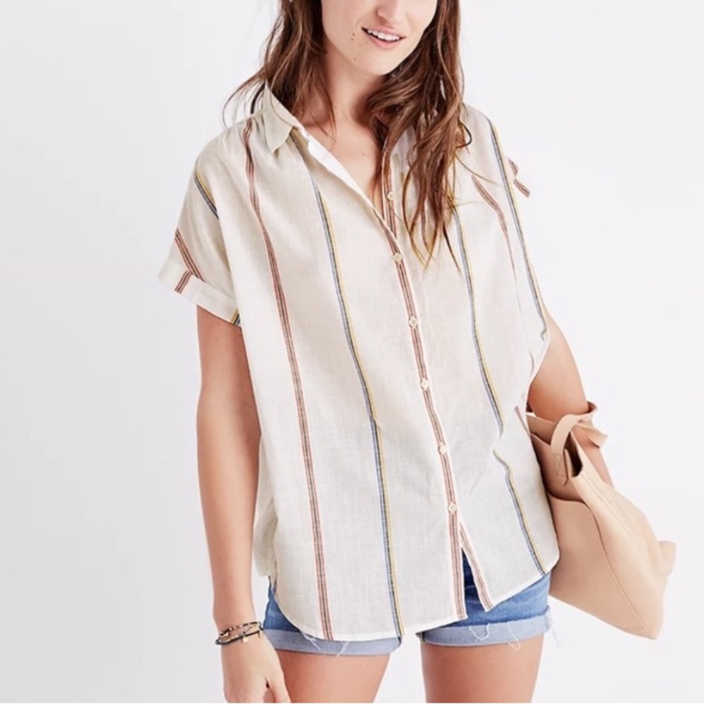 Madewell Cream Button-Front Short-Sleeve Top with Stripes